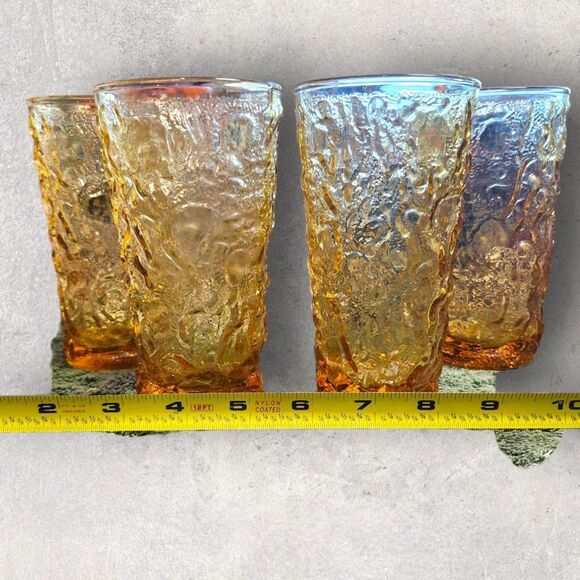 Vintage Anchor Hocking Lido Milano Amber Crinkle Pitcher 4 Tumblers Mid-Century - Picture 8 of 16